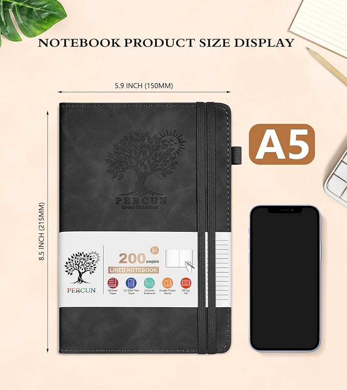 PERCUN Lined Journal Notebook for Men & Women,200 Pages A5 Hardcover Leather Notebook (5.9"x8.5"), Travel Journal for Work, School, Business Writing, Note Taking, Notepad Diary (Black)
