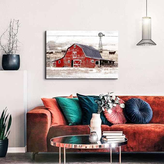 Country Old Barn Landscape Wall Art Farmhouse Windmill Wall Decor for Living Room Kitchen Office Vintage Highland Cow Poster Canvas Prints Rustic Meadow Scenery Painting Artwork Decorations 24x36”