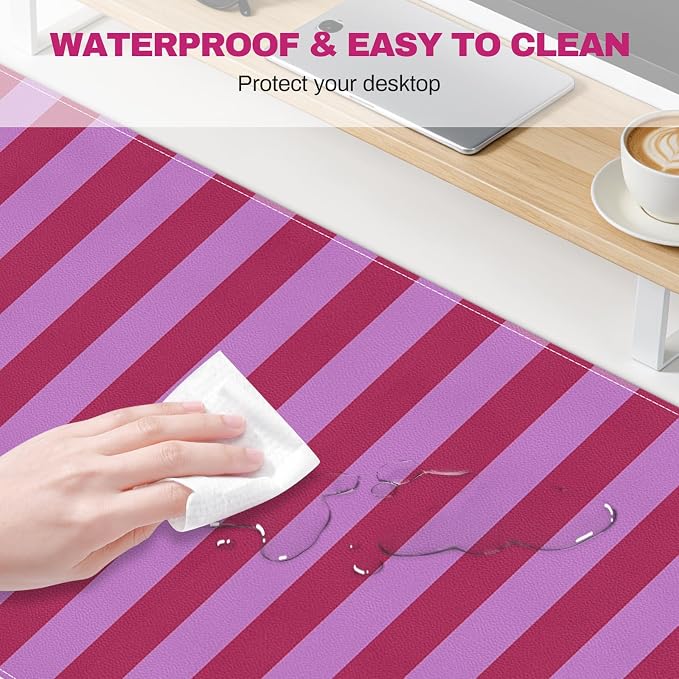 Desk Cover Mat, Big Mouse Pad for Laptop, Aesthetic Computer Pad with Non-Slip Rubber Base, Keyboard Mat for Desktop, Cute Hot Pink Striped Desk Protector for Office Home