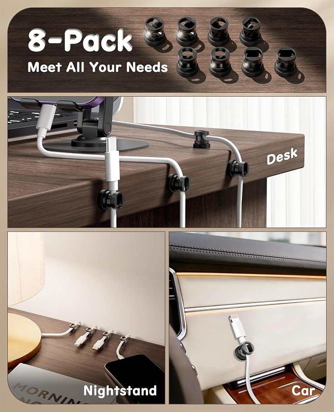 Maveek 8 Pack Magnetic Cable Holders, Cord Anchor for Desk, Metallic Black | Wire Organizer USB Charging For Home Nightstand Office Desk Car Dash Cam, Stronger Hold Maget, Self-Adhesive & Magnetic Mount