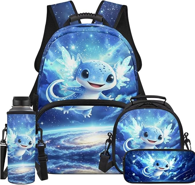 Ystardream Space Axolotl Backpack for Girls Elementary Backpack With Lunch Box 17 Inch Kids School Bookbag with Big Front Pocket Cute Laptop Rucksack with Pencil Case Students Back to School Gift