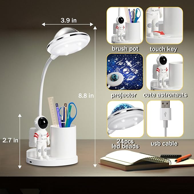 Astronaut Desk Lamp for Kids,Star Space Projector Space Rocket Lamps,Astronauta Lights with Pen Holder,Step-Less Dimming Lighting,Eye-Care Reading Small Desk Lamps for Bedroom,Gifts for Boys and Girls