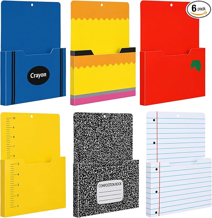 Gilprop 6 Pcs Assorted School Style Magnetic File Folder Holder Pocket File Organizer Classroom Decor Teacher Desk Accessories for Whiteboard Mail Paper Book No Drilling Desk Door Classroom Essential