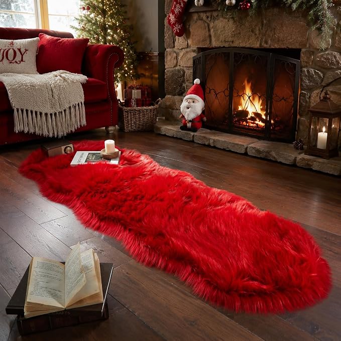 EasyJoy Ultra Soft Faux Fur Rug Fluffy Sheepskin Rug for Bedroom Living Room Sofa Bedside Floor(2 x 6 ft Sheepskin, Red)