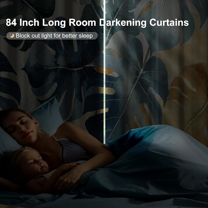 Blackout Curtains for Bedroom and Living Room, Grommet Thermal Insulated Room Darkening Bedroom Curtains, Monstera Leaves Drapes 84 Inch Long 2 Panels Set Light Filtering Reduce Noise Protect Privacy