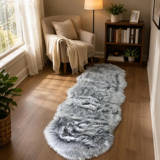 EasyJoy Faux Sheepskin Rug, 2 x 6 ft, Frosted Bottom Gray | Fluffy Faux Fur, Ultra Soft Shag, Non-Slip Backing, For Bedroom, Living Room, Nursery, Kids Room