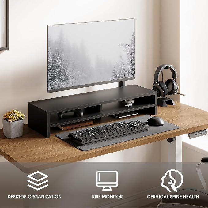 Fenge 31.5 Inch Dual Monitor Stand Riser for Desk, Black | Wooden Desk Shelf, 2-Tier Open Storage Compartment, for PC Laptop Screen Printer, Home Office Desktop Organizer