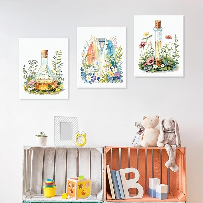 CHDITB Science Classroom Framed Canvas Wall Art, Botanical Scientific Explore Artwork, Nature Chemistry Wall Decor, Glassware Poster Microscope Art Prints For Middle School Laboratory Lab Decor-8”X10”