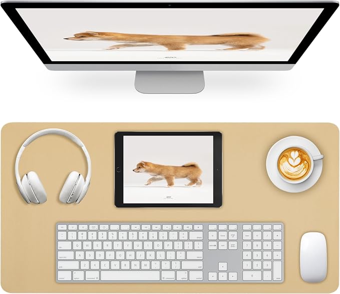 Non-Slip Desk Pad Mat, Leather Desk Mat for Desktop Latte, Waterproof Computer Mouse Mat Desktop Protector for Office/Home, 23.6" x 13.7"