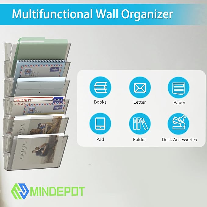 MINDEPOT 6 Pockets Acrylic Wall File Organizer, Clear Wall File Holder, Plastic Hanging Wall File Holder for Office, School and Home, Smoky