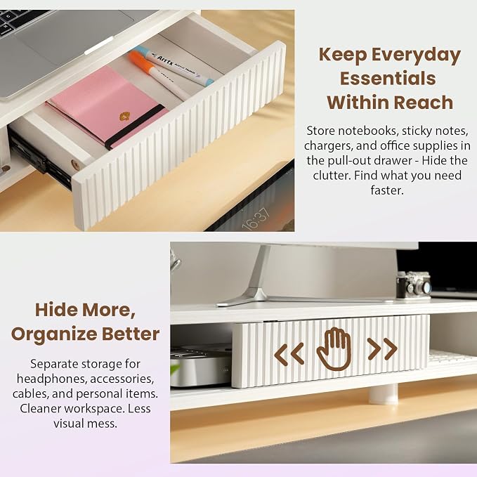 Artswish 42" White Dual Monitor Stand with Power Outlet & Storage Drawer | 42" Monitor Riser for Home Office, Built-In Power Outlet, Hidden Storage & Darwer, Adjustable Height