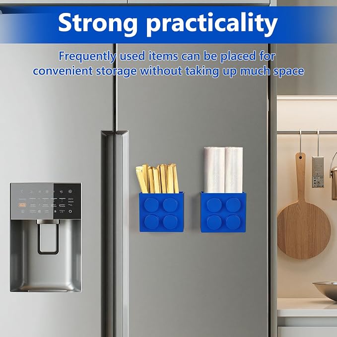 Magnetic Basket Organizer for Fridge - Lego-Style ABS Plastic Storage Box,No Drill Design for Kitchen Counter, Microwave & Whiteboard, Holds Up to 3.5 lbs (Blue)