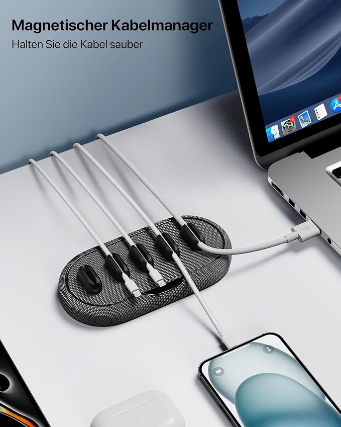 Cable Management, Magnetic Cord Organizer, Desk Cord Holder Wire Keeper with 6 Magnetic Cable Clips, Charger Cord Management for Home Office, Lightning/USB C/Micro Cable, Dark Gray