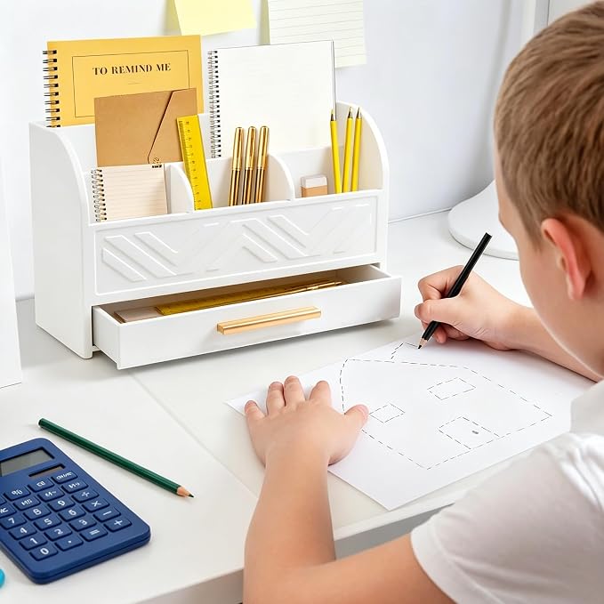 Charmewooden White Desk Organizer with Drawer, Pen Holder & Mail Sorter for Home Office