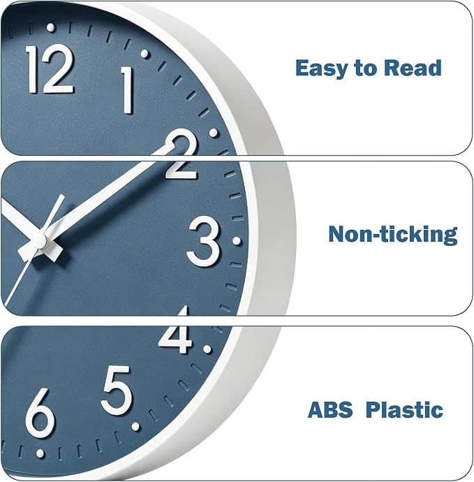 Mosewa Small 8 Inch Wall Clock Battery Operated Silent Non Ticking Analog | Azure Blue modern clock; oversized 3D easy-read dial for kitchen, bedroom & office; 1 AA battery (not included)
