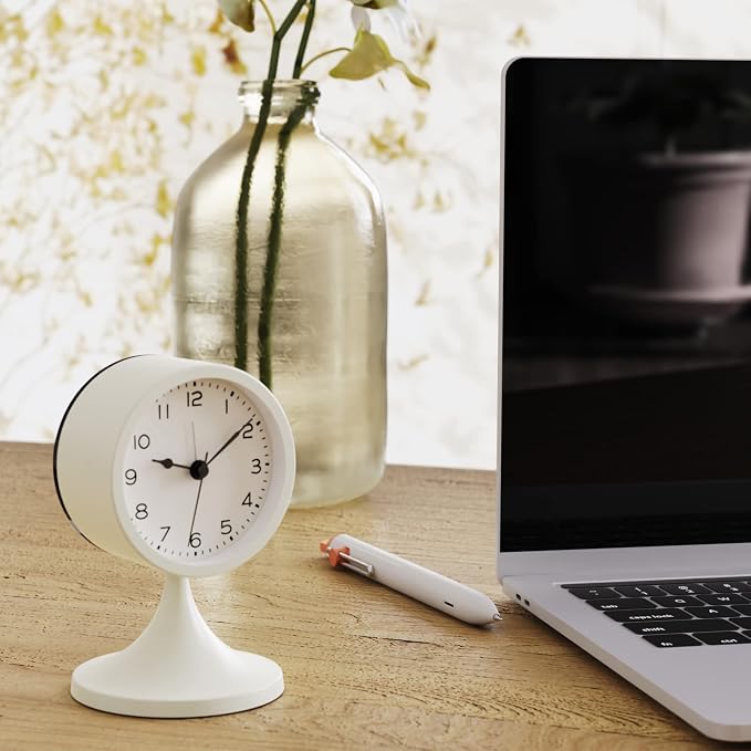 AYRELY® 3" Analog Alarm Clock, Retro Small Clock, Desk Clock for Bathroom | Cute Battery Operated Table Clock with Silent Movement and Light for Bedroom, Bedside, Living Room Decor and Shelf (White)