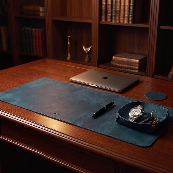 LEATHER VILLAGE Real Leather Desk Pad 3mm Thick Double Layer Desk Mat Blue | 32''x16'', Cover Blotter Large Full Grain Protector for Keyboard, Mouse & Laptop, Office Table Mat & Desktop Accessories