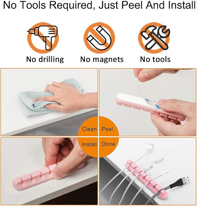 Cord Holder Cable Organizer Clips Cord Organizer for Desk, Nightstands | Self Adhesive, Office, Car, Pink Silicone Cord Keeper, Cable Management, Wire Holders for phone charger Cords