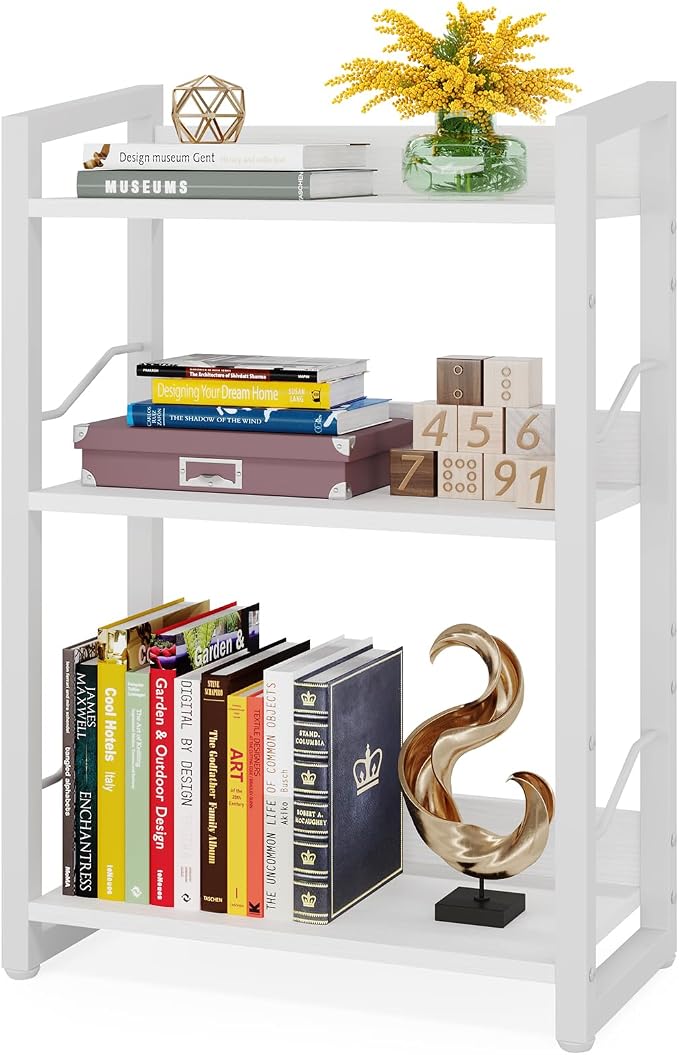 Hosfais Book Shelf Small Bookshelf - 3-Tier Wood Bookcase Industrial Bookshelf Metal Narrow Bookcase Storage Organizer Display Rack for Bedroom Living Room Home Office (White)