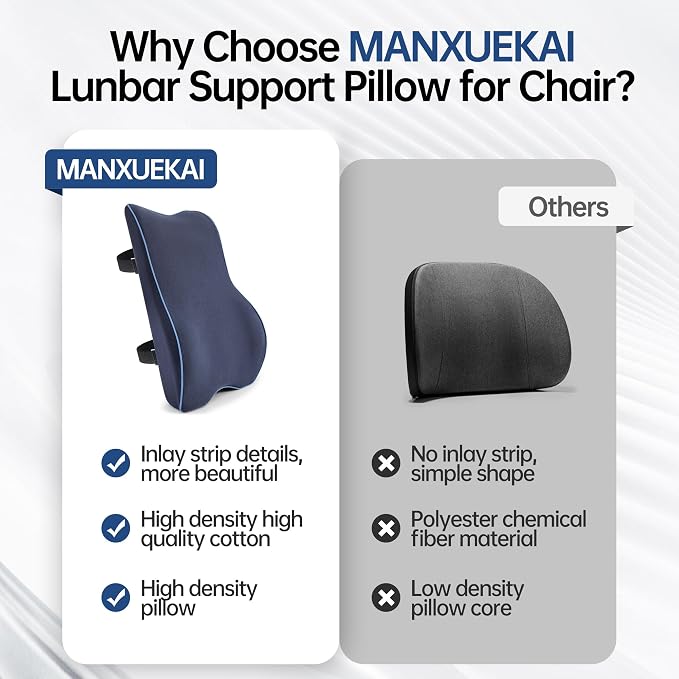 Plush Comfortable Memory Foam Lumbar Support Pillow - Soft Back Cushion for Office Chair, Car Seat, Gaming Chair - Ergonomic Lower Back Pain Relief with Adjustable Straps & Washable Cover-Navy Blue