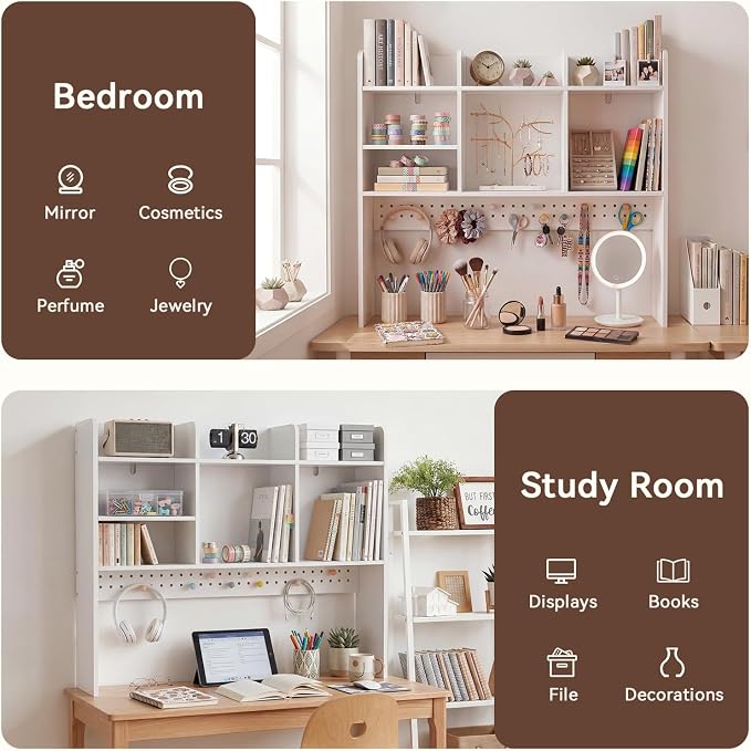 OOOK 35.8" L White Desk Hutch with Pegboard, Dorm Desk Organizer | Multipurpose Desktop Bookshelf for Dorm Office Home, 3-Tier Wooden Display Rack for Computer Desk