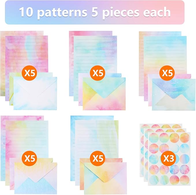 160Pcs Stationary Letter and Envelopes:50 Watercolor Stationery Paper&50 Envelopes,Lined Stationery Paper and Envelopes Set,Stationary Paper and Envelopes Set,Letter Writing Stationery Sets