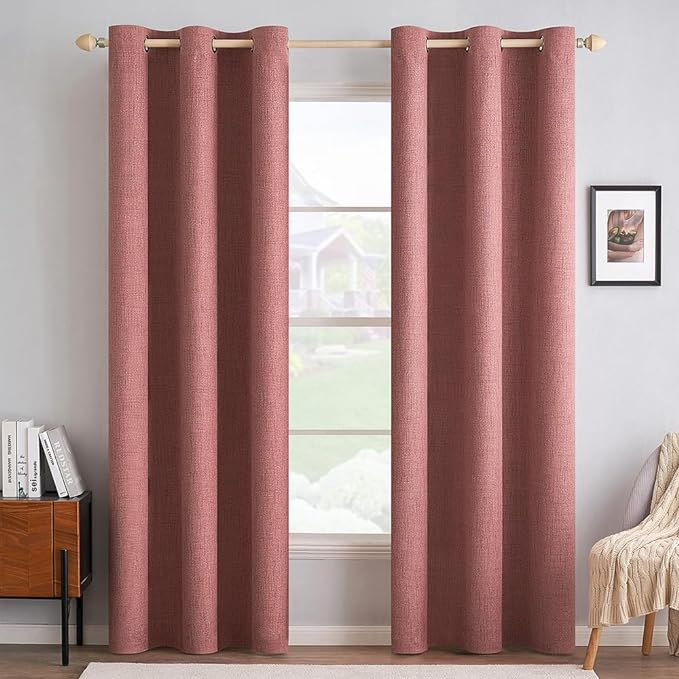MIULEE 100% Blackout Linen Textured Curtains for Bedroom Solid Thermal Insulated Dusty Rose Grommet Room Darkening Curtains & Drapes Luxury Decor for Living Room 42 x 84 Inch (2 Panels)