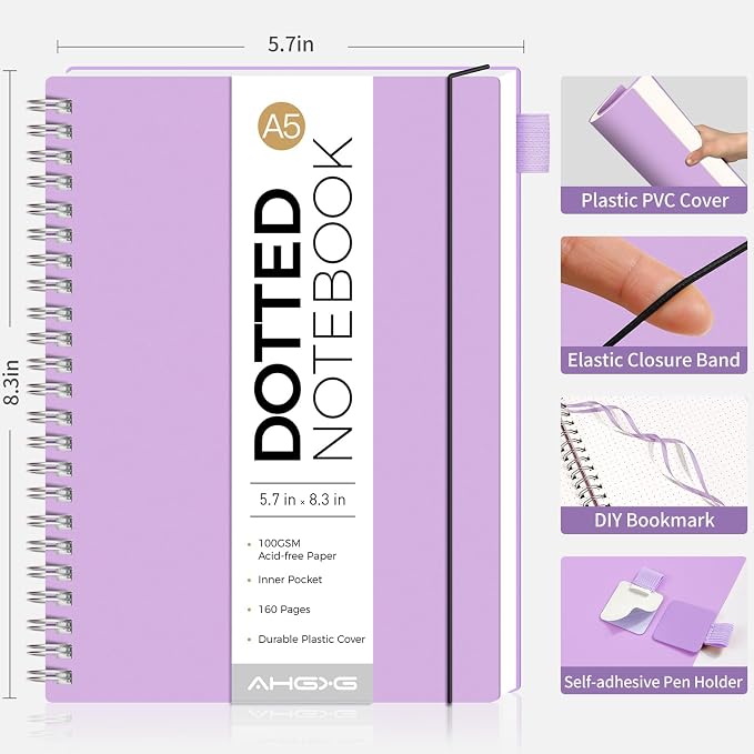 AHGXG Dotted Journal - Dot Grid Spiral Notebook A5, 160 Pages, 100 GSM Thick Paper, Waterproof Plastic Cover Journals for Bullet Journaling, Sketching, 5.7" x 8.3", Purple