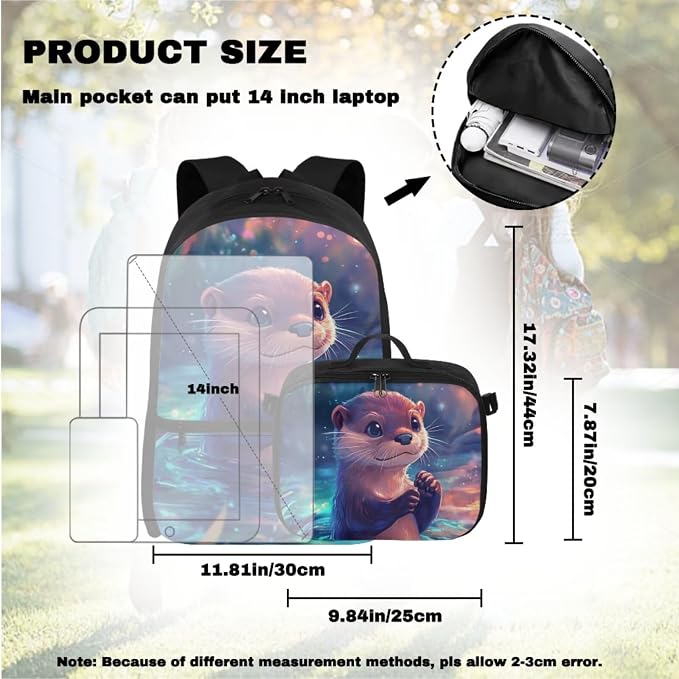 Doojoayie Girls Backpack with Lunch Box Cute Otter Bookbag for School Kindergarten Backpack for Girls Best Back to School Bags as Gifts Heavy Duty Back Pack for Preschool Kids