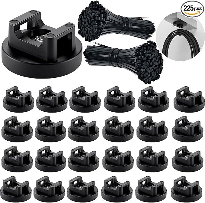 225 Pieces Magnetic Cable Ties Set, 25 Magnetic Zip Tie Mounts with 200 Cable Ties, Strong Wire Holder Cables Management, Multipurpose Electrical Cord Holders Organizer (31mm)