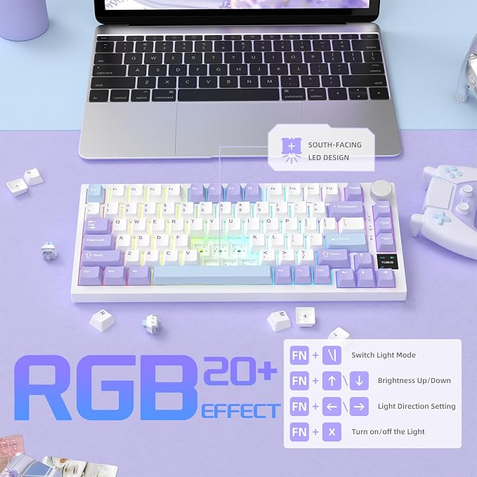 Attack Shark ajazz AK820 Pro Wireless Mechanical Gaming Keyboard Hot Swappable TFT Display & Knob RGB Backlit BT 5.1/2.4Ghz /Type-C Wired Gasket-Mounted Custom Keyboard for PC/Win(Purple/Fish Switch)