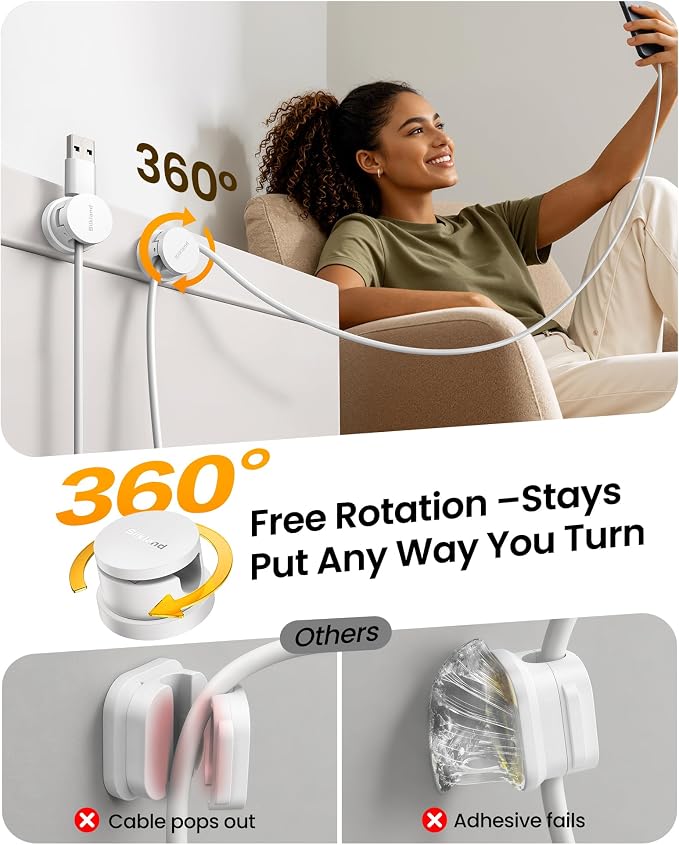 Silkland 6 Pack Snap-Lock Cable Clips, 360° Rotatable Cord Holder for Desk | Anti-Pull-Out Cord Organizer, Adhesive Phone Charger Holder Cable Management For Nightstand Wall Car, Home Office Accessories
