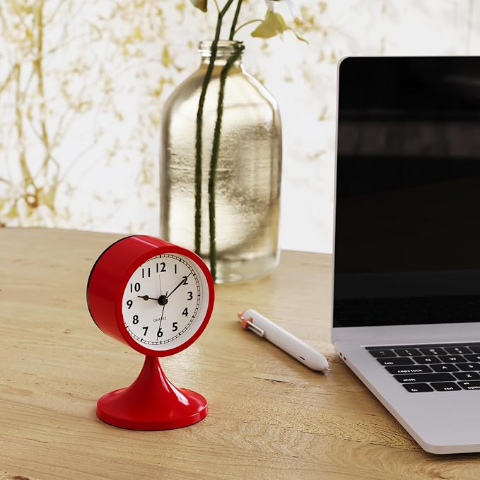 AYRELY® 3" Analog Alarm Clock, Retro Small Clock, Desk Clock for Bathroom | Cute Battery Operated Table Clock with Silent Movement and Light for Bedroom, Bedside, Living Room Decor and Shelf (Rose Red)
