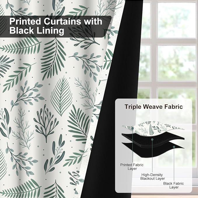 Blackout Curtains for Bedroom and Living Room, Green Leaves Grommet Thermal Insulated Bedroom Curtains Room Darkening Drapes 84 Inch Length 2 Panels Set, Reduce Outside Noise, Maintain Privacy