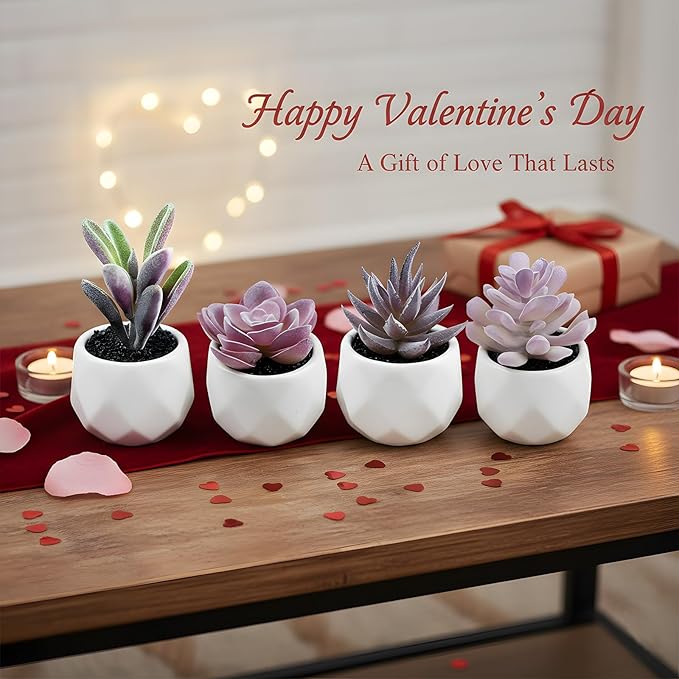 Tiita Purple Artificial Faux Succulents in Pots, Mini Purple Fake Plants for Women Desk, Small Realistic Faux Succulents for Home Office Accessories Window Sill Bathroom Bedroom 4 Set