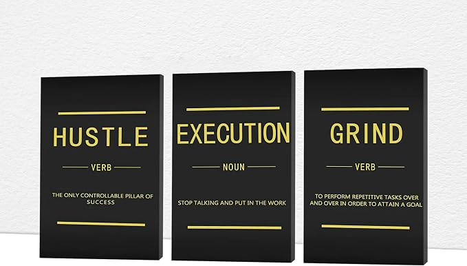Office Wall Art - 3 Panel Motivational Wall Art, Inspirational Quotes Canvas Art for Home Office Wall Decor, Positive Quotes Wall Decor, Entrepreneur Grind Hustle Execution Poster Frame (24”x36”x3Pcs)