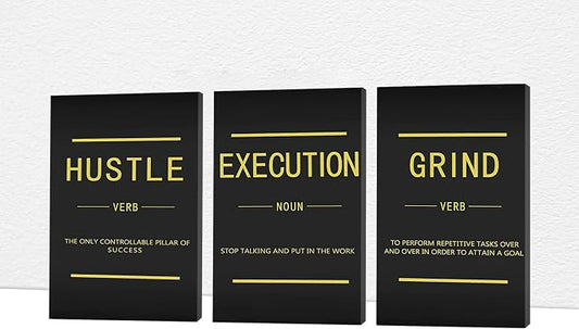 Office Wall Art - 3 Panel Motivational Wall Art, Inspirational Quotes Canvas Art for Home Office Wall Decor, Positive Quotes Wall Decor, Entrepreneur Grind Hustle Execution Poster Frame (24”x36”x3Pcs)