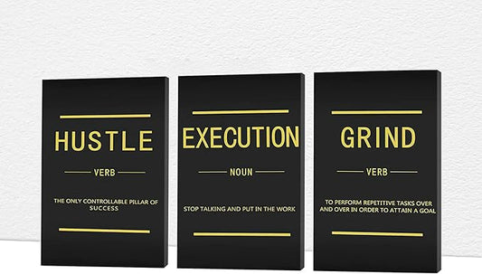 Office Wall Art - 3 Panel Motivational Wall Art, Inspirational Quotes Canvas Art for Home Office Wall Decor, Positive Quotes Wall Decor, Entrepreneur Grind Hustle Execution Poster Frame (20”x30”x3Pcs)