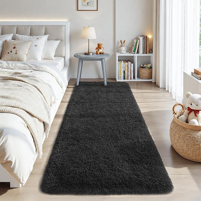 Zentavio Runner Rugs for Hallway 2x6 Shag Soft Bedroom Bedside Rugs Non Slip Fluffy Carpet for Kids Girls Boys Home Decor Aesthetic Dorm Nursery Black