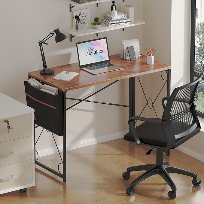 VECELO 39 Inch Folding Desk Simple Assembly Desk, Writing Computer Desk for Home Office Study Office Desk Foldable Table for Small Spaces, Brown