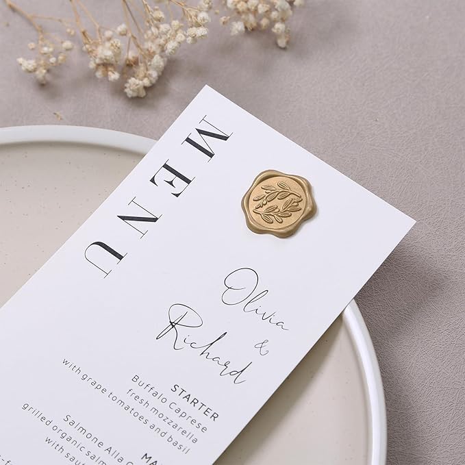 UNIQOOO Wax Seal Stickers - Olive Branch Wedding Invitation Envelope Seal Stickers, 100 Pcs Self- Adhesive Prosecco Metallic Lignt Gold Sticker, Perfect for Invitation, Christmas, Gift Wrapping