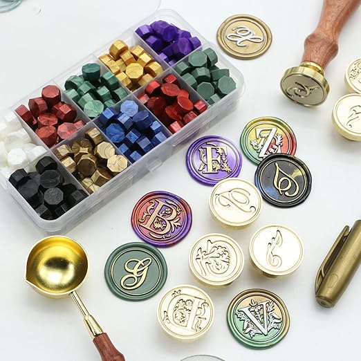 Letter Wax Seal Stamp Kit - Initial Alphabet B Stamp Head 2pcs, Vintage Monogram Stamps Wax Seal Kit with 200pcs Assorted Sealing Beads, Spoon, Metallic Gold Silver Pens