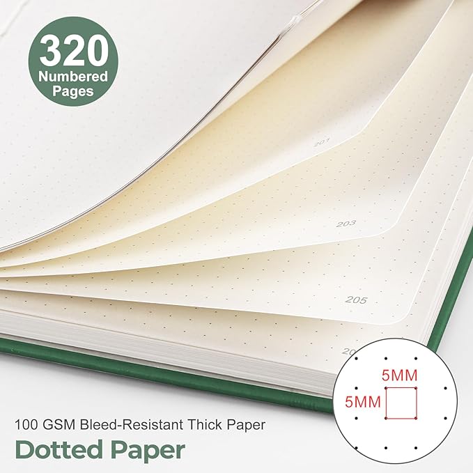 EMSHOI Dotted Journal Notebook, 320 Pages, A5 Small 5.75"x8.38", PU Leather Hardcover, 100 GSM Thick Paper, 5mm Dot Grid Notebook for Journaling, Planning, Drawing, Writing, Green