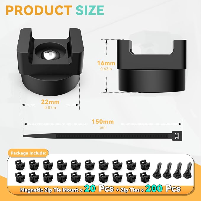 220 Pcs Magnetic Zip Tie Mount Base 26lbs Strong Magnetic Zip Tie Holder Multipurpose Magnet Cable Tie Clips Holder Wire Management Clips for Home Office Marine Electrical Wiring Organization Black