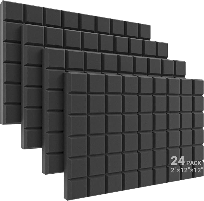 JBER 24 Pack 2" X 12" X 12" Acoustic Foam Panels,Soundproofing Wall Studio Foam Panels Wedges,Sound Insulation Absorbing Acoustic Treatment,9 Blocks Beveled Square Fireproof Design - Black