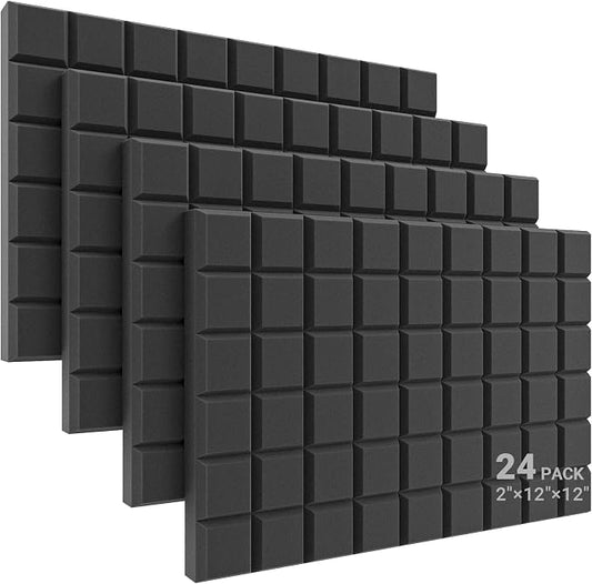 JBER 24 Pack 2" X 12" X 12" Acoustic Foam Panels,Soundproofing Wall Studio Foam Panels Wedges,Sound Insulation Absorbing Acoustic Treatment,9 Blocks Beveled Square Fireproof Design - Black