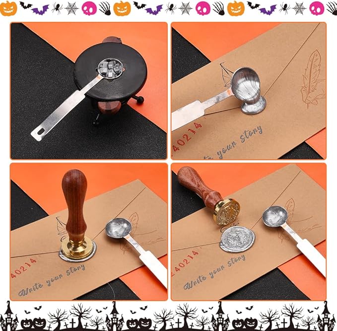 PH PandaHall Bat Wax Seal Stamp Kit, 30mm Halloween Wax Seal Stamp Moon Star Wax Sealing Stamp Removable Retro Brass Head Stamp with Wooden Handle for Birthday Party Envelopes Invitation Card Bottle