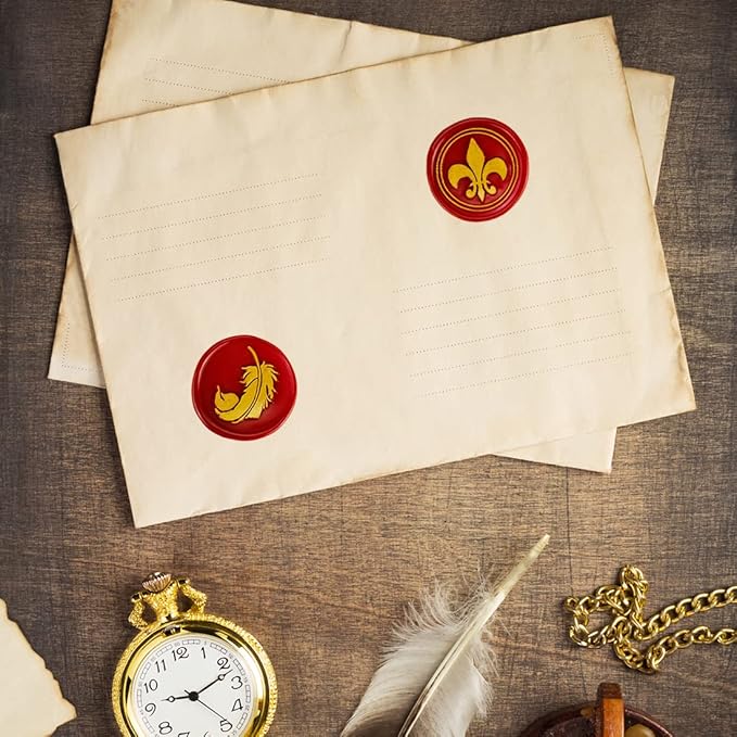 Wax Seal Stamp Kit, 6 pcs Brass Head Wax Stamp & 1 Wooden Handle, 6 Designs (Anchor, Feather, Fleur-de-lis,Compass, with Love, Rose Flower)