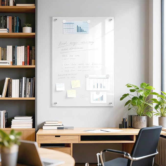 Magnetic Glass Whitebaord for Wall, 36" x 24" Dry Erase Frameless Glass Dry Erease Board for Home School Office, Ultra White