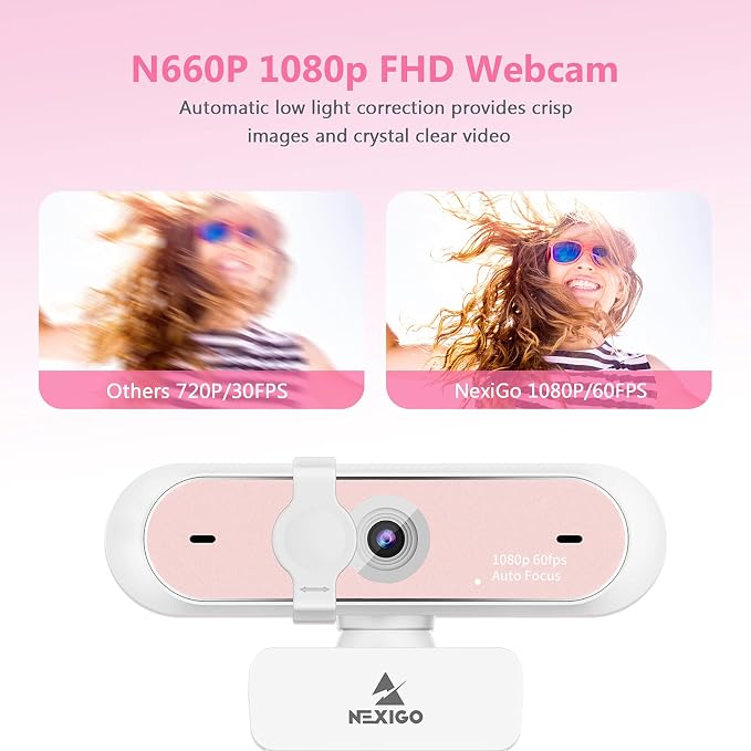 NexiGo 60FPS 1080P Webcam Kits, N660P FHD USB Web Camera with Privacy Cover and Dual Microphones, Upgraded Video Conference Lighting, Lightweight Mini Tripod, for Zoom/Skype/Teams, Pink